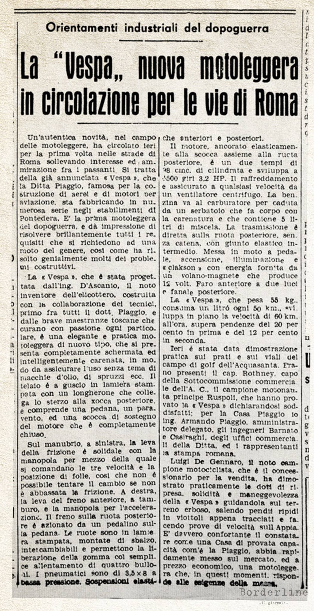 Articolo Vespa 29 marzo 1946