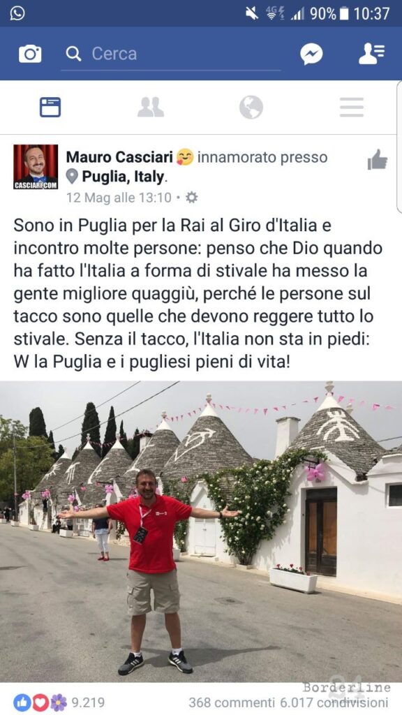 Il post pubblicato su Facebook da Mauro Casciari