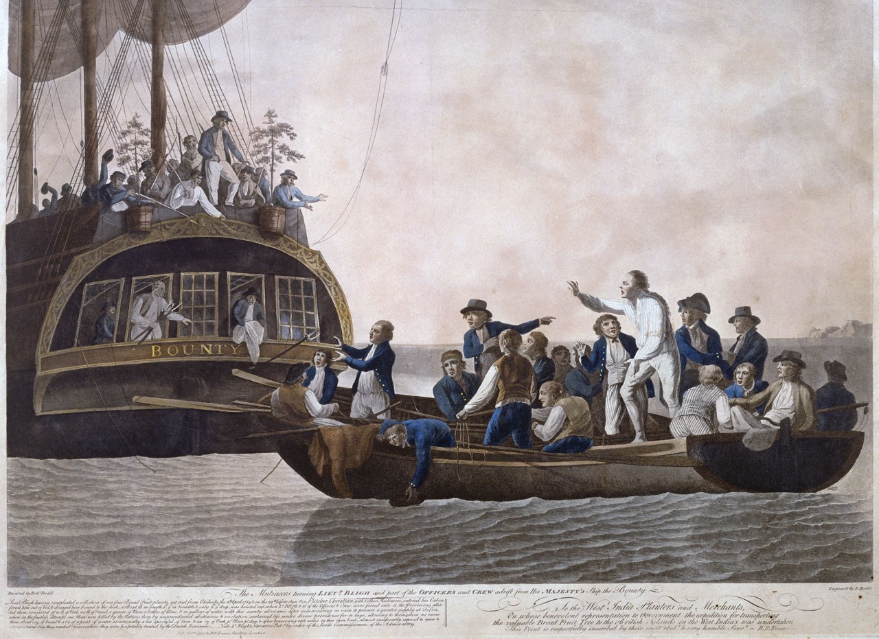 The Mutineers turning Lt Bligh and part of the Officers and Crew adrift from His Majesty's Ship the Bounty, 29th April 1789. Acquatinta di Robert Dodds