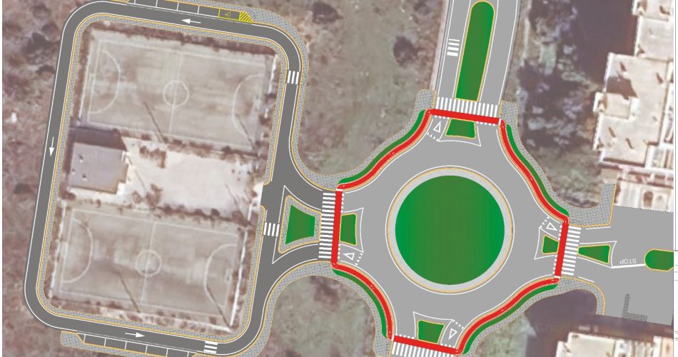 15-05-26 rotatoria della nuova San Paolo_ dettaglio progettuale della nuova rotatoria, dei collegamenti con i campi sportivi e delle opere per la mobilità pedonale e ciclabile