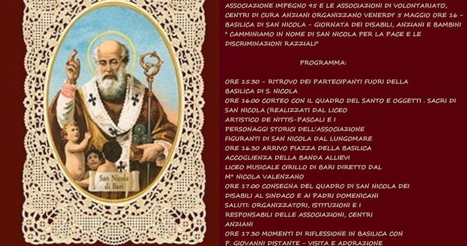 Locandina Giornata dei disabili, anziani e bambini alla Basilica di San Nicola