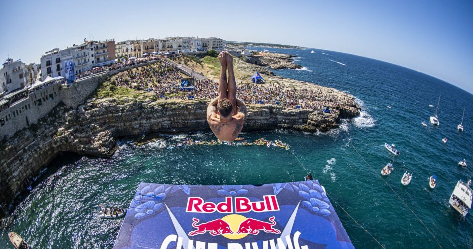 Alessandro De Rose of Italy dives from the 27.5 metre platform during the final competition day of the third stop of the Red Bull Cliff Diving World Series in Polignano a Mare, Italy on July 2, 2023.
