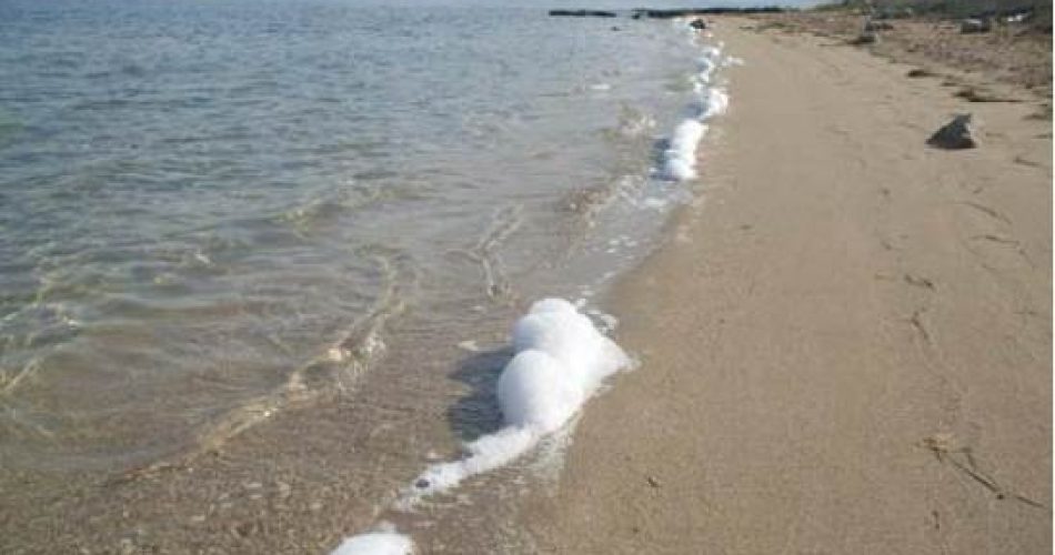 Ammasso di schiuma in una spiaggia a Porto Cesareo (LE)