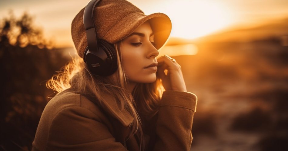 Young woman smiling, listening to music outdoors generated by artificial intelligence