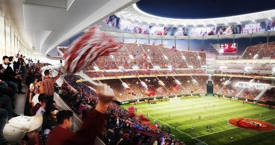 Un rendering del progetto dello stadio a Tor di Valle dove dovrebbe sorgere il nuovo impianto dell'AS Roma, 15 giugno 2015. ANSA/RONNY GASBARRI