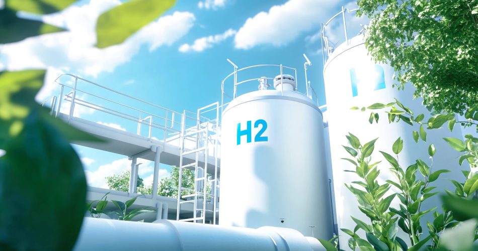 A stunning hydrogen production factory features sleek cylindrical tanks marked with H2, surrounded by vibrant green leaves, showcasing advanced technology under a clear sky.