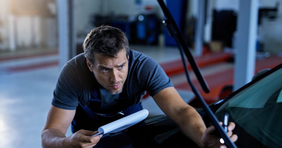 Car mechanic examining vehicle problems while working at auto repair shop.