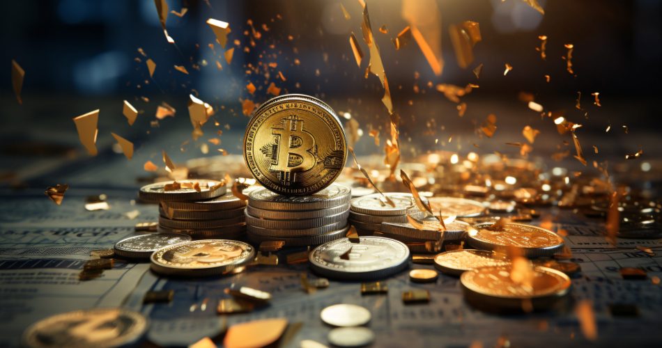 A visual blend of coins, US dollar banknotes, and a descending financial graph chart using double exposure. This succinctly captures the economic crisis